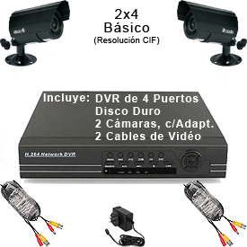 Kit Completo CCTV c/DVR de 4 Puertos, Disco duro de 120GB, 2 Cámaras Económicas, 2 Cables